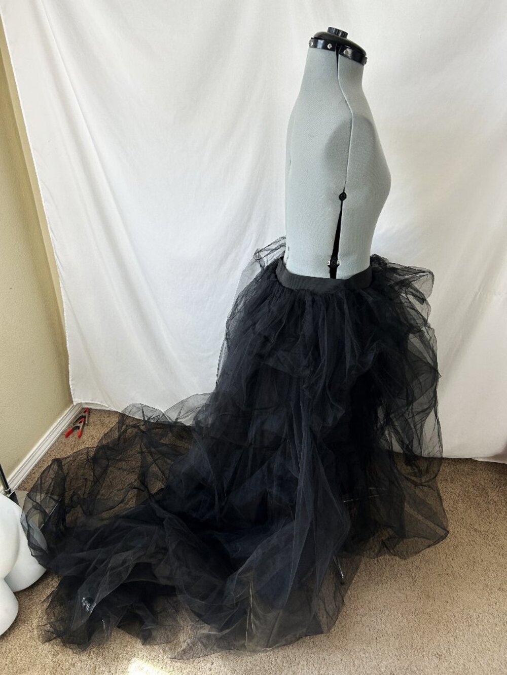 High Low Gathered Tulle Skirt with Train Black L/XL